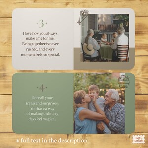 Grandparents photo book spreads about making time for a grandchild and sharing treats and surprises. Personal family photographs sit beside loving messages on cream and muted green pages.
