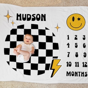 Manta de hitos mensuales Cool Dude para niño, manta retro a cuadros para hitos mensuales, regalo para baby shower, manta a cuadros para hitos mensuales.