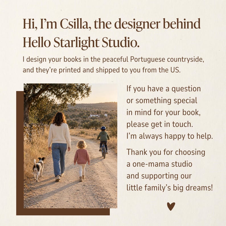 Introduction to Csilla, the designer behind Hello Starlight Studio personalized keepsake books. Cream card with a photograph of a mother and two children walking outdoors and text about her small business.