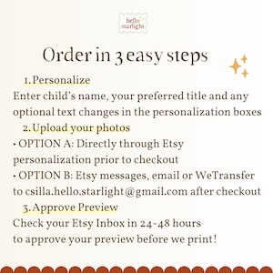 Three-step ordering guide for a personalized grandparents photo book: provide names and personalization details, upload ten photos, and approve the book preview before printing.