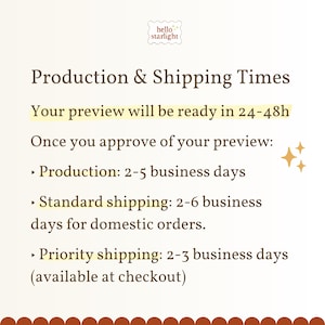Peut inclure: Un graphique informatif avec du texte brun fonc&eacute; sur un fond cr&egrave;me. Le texte indique : hello starlight, Production & Shipping Times, Your preview will be ready in 24-48h, Once you approve of your preview: Production: 2-5 business days, Standard shipping: 2-6 business days for domestic orders, Priority shipping: 2-3 business days (available at checkout).