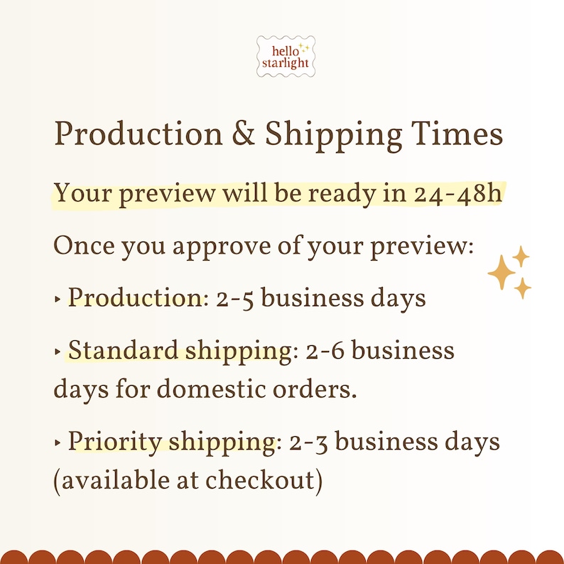 Peut inclure: Un graphique informatif avec du texte brun fonc&eacute; sur un fond cr&egrave;me. Le texte indique : hello starlight, Production & Shipping Times, Your preview will be ready in 24-48h, Once you approve of your preview: Production: 2-5 business days, Standard shipping: 2-6 business days for domestic orders, Priority shipping: 2-3 business days (available at checkout).
