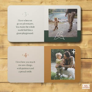 Peut inclure: Une double page d'un livre photo pr&eacute;sentant les pages 3 et 4. La page 3 contient du texte sur les aventures et une photo d'un enfant marchant pr&egrave;s d'un lac. La page 4 contient du texte sur l'apprentissage et une photo d'un adulte et d'un enfant.