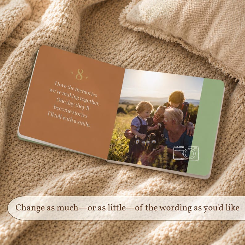 Open grandparents photo board book on a cream knitted blanket, showing a family photograph beside a heartfelt message on a brown page. Caption explains that customers can change as much or as little wording as they like.
