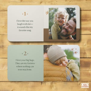 Peut inclure: Deux cartes rectangulaires aux coins arrondis pr&eacute;sentant des photographies d'un enfant et d'un adulte. La premi&egrave;re carte affiche le texte 1 et une citation sur le rire. La seconde affiche le texte 2 et une citation sur les c&acirc;lins, avec un enfant portant un bonnet en tricot beige.