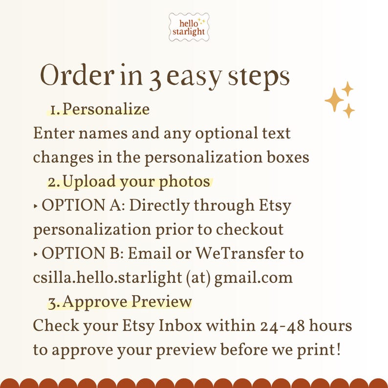 Peut inclure: Un graphique d'instructions intitul&eacute; Order in 3 easy steps par hello starlight. Il d&eacute;taille trois &eacute;tapes : 1. Personnaliser en saisissant des noms, 2. T&eacute;l&eacute;charger vos photos via Etsy ou par e-mail &agrave; csilla.hello.starlight@gmail.com, et 3. Approuver l'aper&ccedil;u.