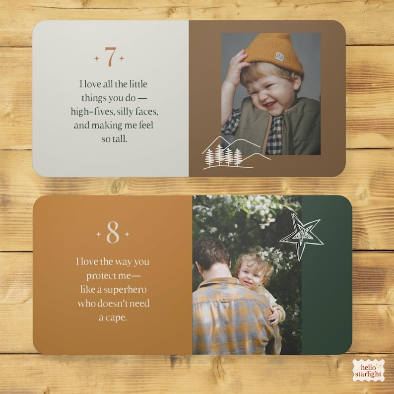 Peut inclure: Deux cartes rectangulaires aux coins arrondis avec du texte et des photos. La carte du haut pr&eacute;sente un c&ocirc;t&eacute; gris clair avec le chiffre 7 et du texte, et un c&ocirc;t&eacute; marron avec la photo d'un enfant en bonnet moutarde et un dessin de sapins.