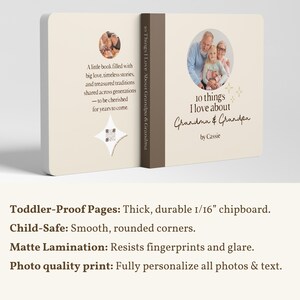 Front and back views of a custom grandparents photo board book. Product details describe the 6-inch square format, 20 pages, thick white chipboard, matte lamination, and rounded corners.