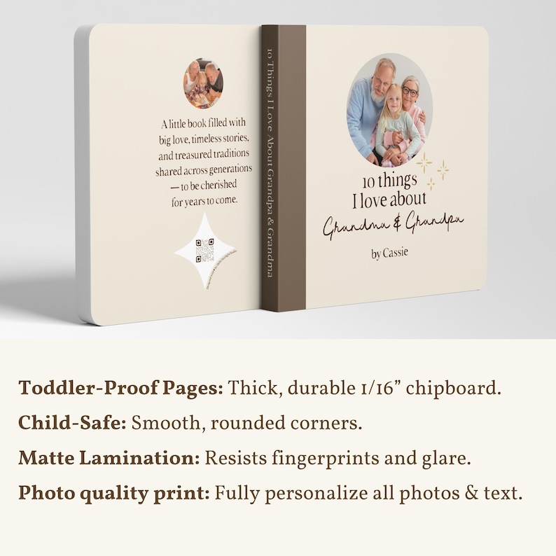 Front and back views of a custom grandparents photo board book. Product details describe the 6-inch square format, 20 pages, thick white chipboard, matte lamination, and rounded corners.