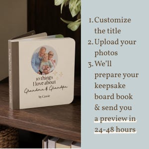 Personalized grandparents board book on a wooden shelf beside a guide to customizing the title, uploading photos, and receiving a keepsake book preview within 24–48 hours.