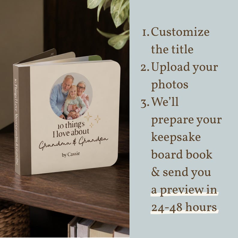 Personalized grandparents board book on a wooden shelf beside a guide to customizing the title, uploading photos, and receiving a keepsake book preview within 24–48 hours.