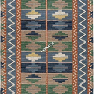 Rug & Kilim’s Scandinavian Geometric Blue And Beige Wool Pile Rug  Blue Swedish Kilim Rug – Handwoven Vintage Boho Decor