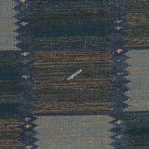 Puede incluir: Primer plano de una alfombra tejida con un patr&oacute;n geom&eacute;trico. La alfombra presenta un dise&ntilde;o repetitivo de cuadrados y rect&aacute;ngulos en tonos de azul, marr&oacute;n y gris. La textura de la alfombra es visible, con un aspecto ligeramente &aacute;spero. La palabra "rughouze" est&aacute; impresa en la alfombra.