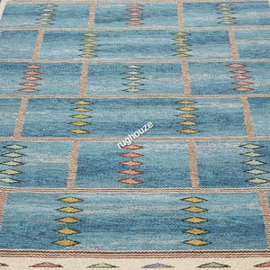 Handwoven Wool Kilim Rug: Swedish Design, Blue Scandinavian Flatweave