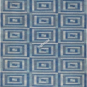Blue colour Vintage flat weave rug by Anna-Greta SjöqvistHandmade dhurry for living room