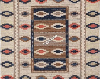 Alfombra de tejido plano de lana azul y blanca: alfombra moderna de 2,4 x 3 m