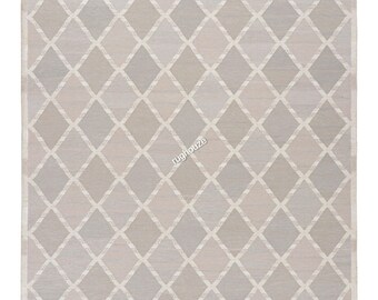 Alfombra Kilim Marfil y Beige – Tejido Plano Geométrico de Diamantes – Alfombra Bohemia de Lana Neutral