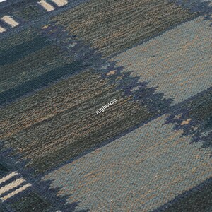 Puede incluir: Primer plano de una alfombra tejida azul y beige con un patr&oacute;n de rayas. La alfombra presenta bandas alternas de azul oscuro, azul claro y beige. Los bordes tienen un borde decorativo con rayas blancas. La alfombra est&aacute; hecha de un material texturizado.