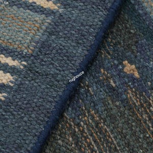 Puede incluir: Primer plano de una alfombra texturizada con un patr&oacute;n geom&eacute;trico. La alfombra presenta una combinaci&oacute;n de tonos azules, beige y verdes. El dise&ntilde;o incluye elementos rectangulares y rayados.