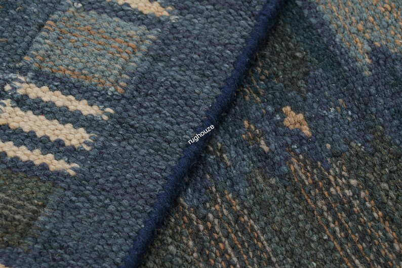 Puede incluir: Primer plano de una alfombra texturizada con un patr&oacute;n geom&eacute;trico. La alfombra presenta una combinaci&oacute;n de tonos azules, beige y verdes. El dise&ntilde;o incluye elementos rectangulares y rayados.