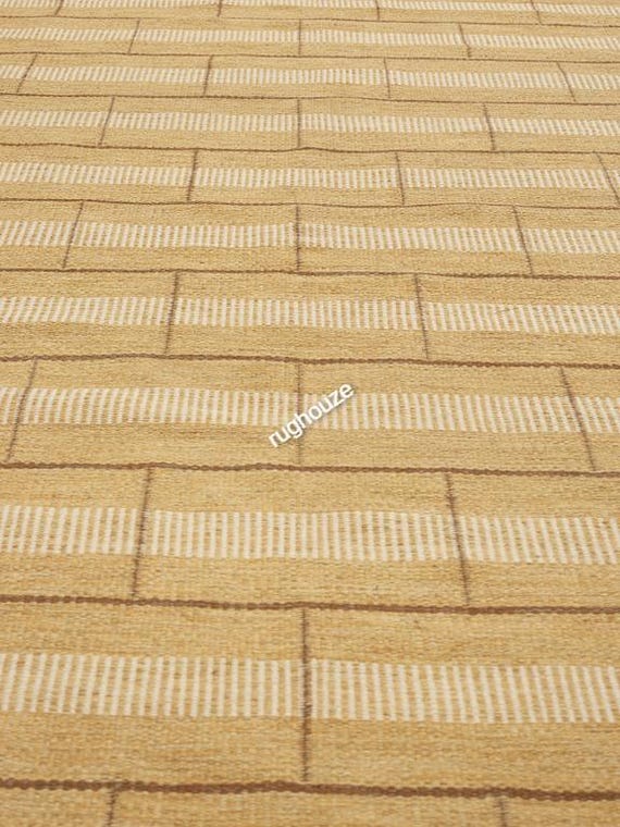 手織りウールキリムラグ 63×96cm マスタードイエロー×オフホワイト 新品 マスタードイエローのキリムラグ：手織りウール＆コットンの