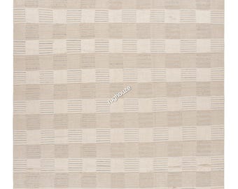 Alfombra Kilim Marfil y Beige – Tejido Plano Geométrico de Diamantes – Alfombra Bohemia de Lana Neutral