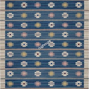 Blue colour Vintage flat weave rug by Anna-Greta SjöqvistHandmade dhurry for living room