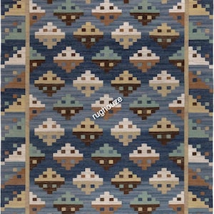 Rug & Kilim’s Scandinavian Geometric Blue And Beige Wool Pile Rug  Blue Swedish Kilim Rug – Handwoven Vintage Boho Decor