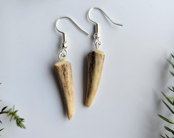 May include: A pair of earrings made from natural antler, with silver hooks. The antler is a light brown colour with darker brown markings.