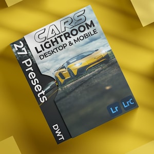 May include: A product cover with the text "Cars Lightroom 27 Presets Desktop & Mobile" and a yellow sports car on a road. The cover also has the text "DWT" and "Lr Lrc".
