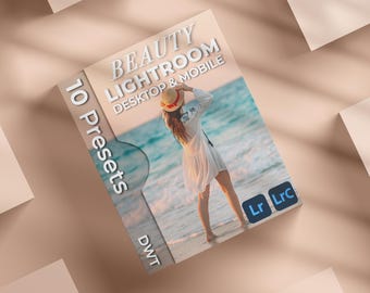 May include: A box of 10 Lightroom presets for desktop and mobile, with the text "Beauty Lightroom" and "10 Presets" on the front. The box features a photo of a woman in a white dress standing on a beach.