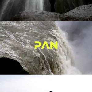 May include: A person standing in front of a large waterfall. The waterfall is surrounded by green foliage and rocks. The word "PAN" is written in yellow letters on the water.