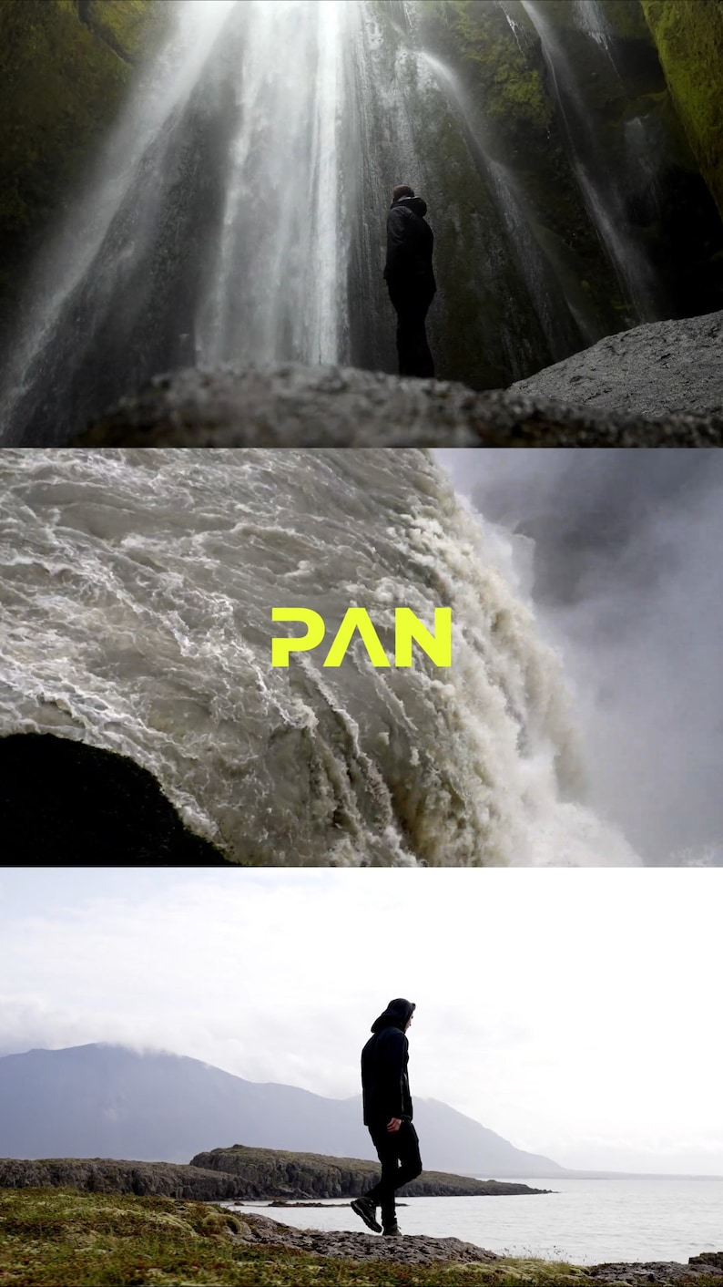 May include: A person standing in front of a large waterfall. The waterfall is surrounded by green foliage and rocks. The word "PAN" is written in yellow letters on the water.