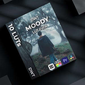 May include: A box with a moody forest scene and a person walking through it. The box is labeled "10 LUTs" and "DWT MOODY LUT Pack". The box is for use with Final Cut Pro, Premiere Pro, and DaVinci Resolve.