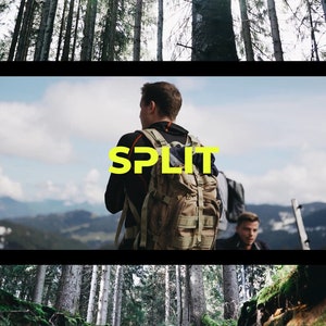 May include: A person wearing a black shirt and a camouflage backpack walks through a forest. The word "SPLIT" is written in yellow letters on the image.