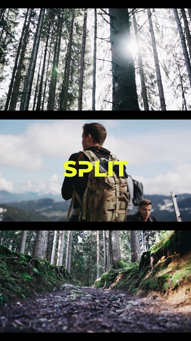May include: A person wearing a black shirt and a camouflage backpack walks through a forest. The word "SPLIT" is written in yellow letters on the image.