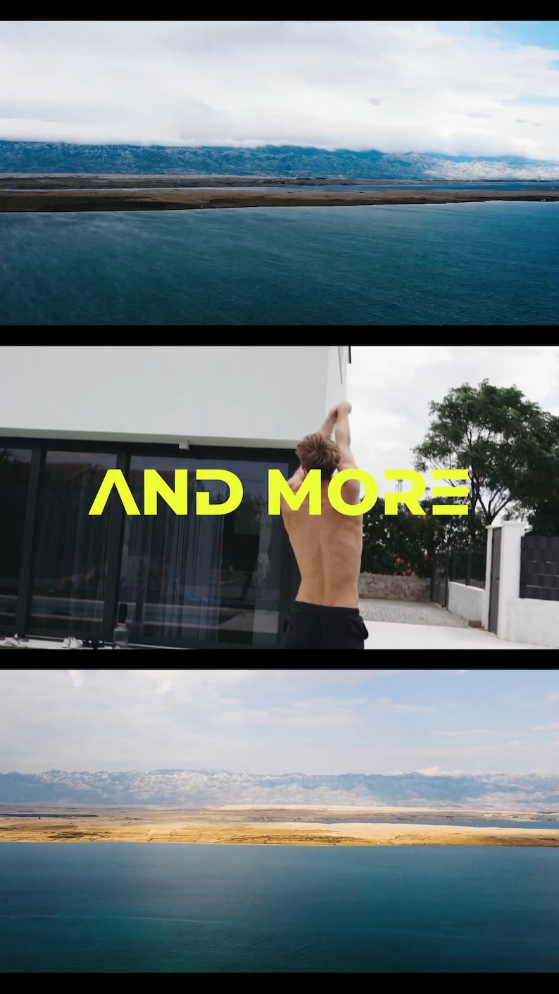 May include: A man stands in front of a white building with a pool in the background. The text "AND MORE" is written in yellow letters on the building. The man is wearing black shorts and has his back to the camera.