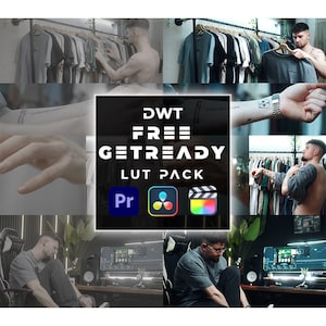Könnte beinhalten: Eine Collage aus Bildern, die einen Mann in einem Bekleidungsgeschäft, eine Hand mit einem Tattoo und einen Mann zeigen, der an einem Computer arbeitet. Der Text "DWT FREE GETREADY LUT PACK" wird in der Mitte des Bildes angezeigt. Die Logos für Adobe Premiere Pro, DaVinci Resolve und Final Cut Pro werden unter dem Text angezeigt.
