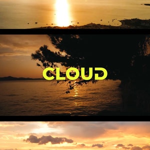 May include: A panoramic view of a body of water with a sunset in the background. The water is calm and reflects the orange and yellow hues of the sky. The word "CLOUD" is superimposed over the image in yellow letters.