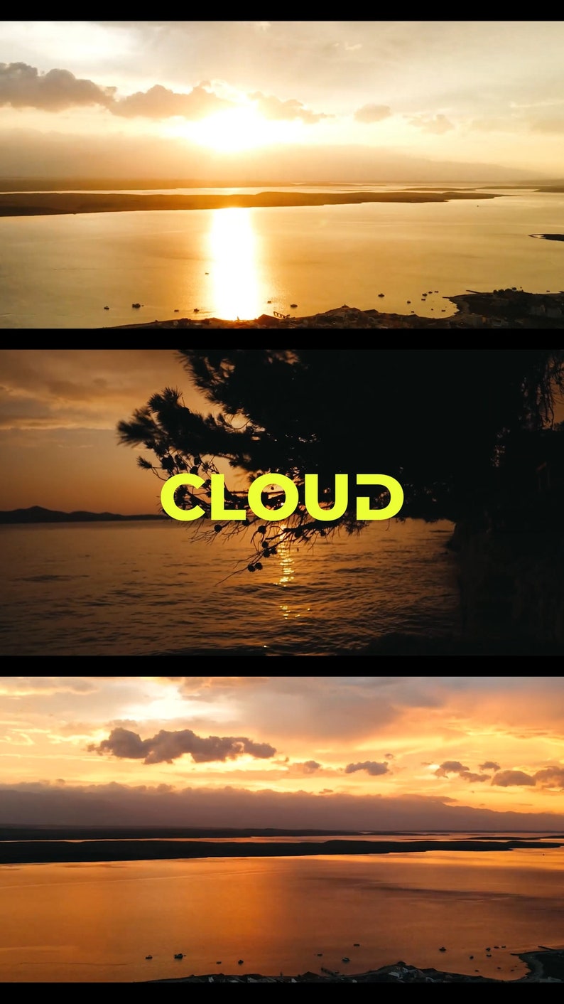 May include: A panoramic view of a body of water with a sunset in the background. The water is calm and reflects the orange and yellow hues of the sky. The word "CLOUD" is superimposed over the image in yellow letters.