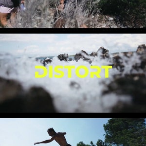 May include: Three men are enjoying a day at the beach. One man is jumping off a cliff into the blue water. Another man is walking along a rocky path. The word "DISTORT" is written in yellow letters on a rocky beach.