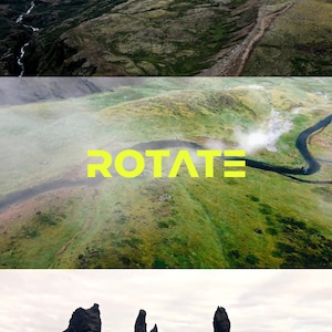 May include: Aerial view of a green, mountainous landscape with a river winding through it. The word "ROTATE" is written in yellow letters on the hillside. The image is split into three sections, with the top section showing a wider view of the landscape, the middle section showing the river and the word "ROTATE", and the bottom section showing a close-up of a rocky coastline.