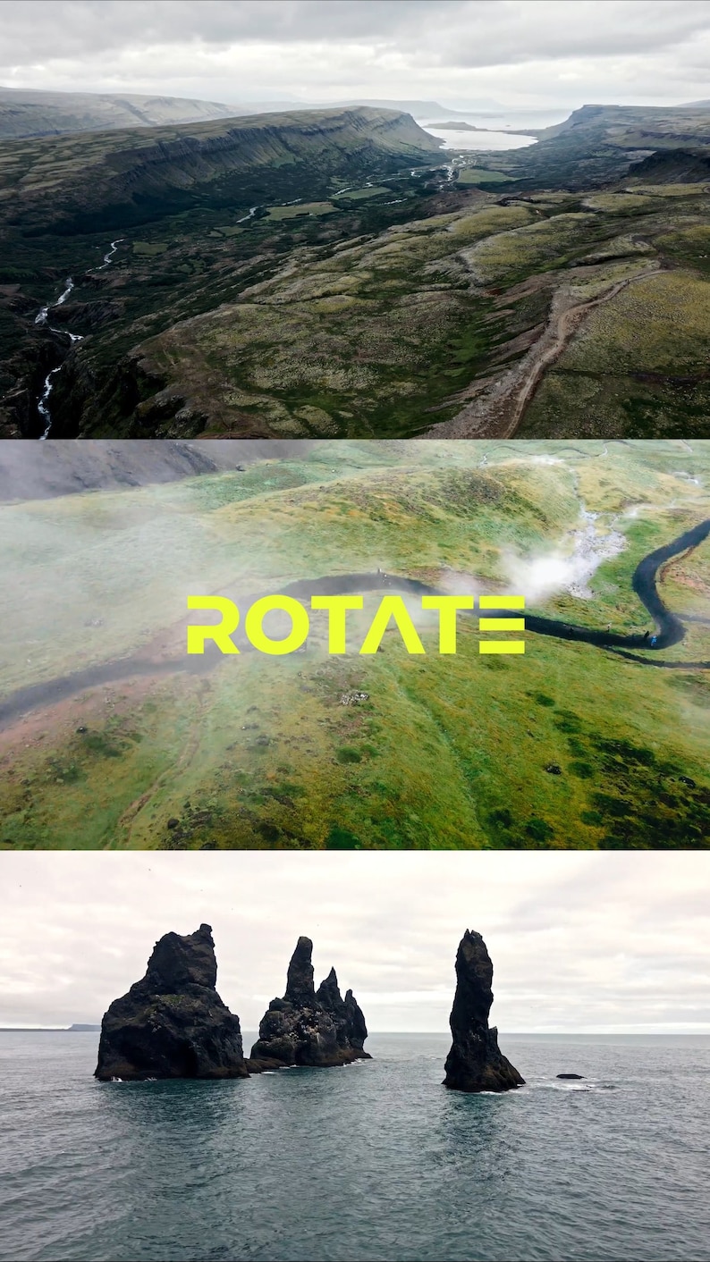 May include: Aerial view of a green, mountainous landscape with a river winding through it. The word "ROTATE" is written in yellow letters on the hillside. The image is split into three sections, with the top section showing a wider view of the landscape, the middle section showing the river and the word "ROTATE", and the bottom section showing a close-up of a rocky coastline.
