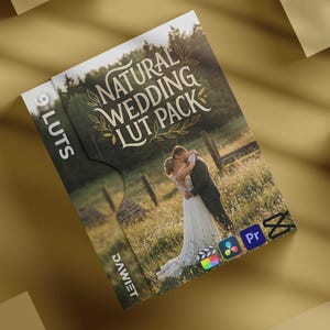 May include: A product package titled "NATURAL WEDDING LUT PACK" with a photo of a couple embracing in a field. The package includes 9 LUTs and is compatible with various video editing software. The background is a warm, neutral tone.
