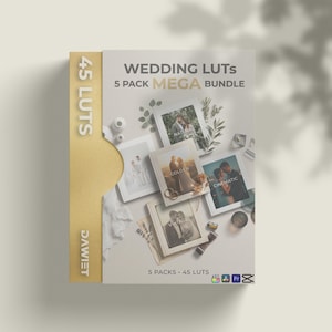 May include: A product box with the text "WEDDING LUTS 5 PACK MEGA BUNDLE" and "45 LUTS". The box is gold and white, with images of wedding photos. The product includes 5 packs and 45 LUTS.