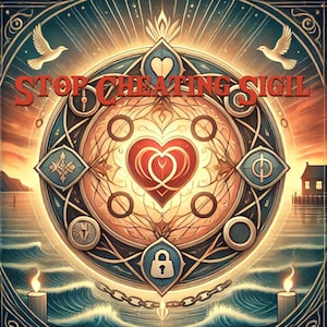 Può includere: Opera d'arte digitale raffigurante un sigillo circolare con la scritta "STOP CHEATING SIGIL" in rosso. Il sigillo presenta un cuore, un lucchetto e altri simboli, circondati da un design blu e oro. Due colombe bianche e candele affiancano l'immagine centrale, con uno sfondo marino.