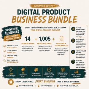 May include: A digital product business bundle infographic titled Business Briefs. It features 14 business briefs, a 1,005 product idea vault, and a catalogue and listing manager. The text outlines resources to start, build, and grow a digital business.