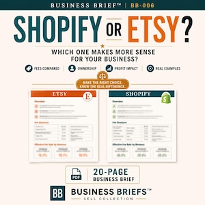 May include: A 20-page business brief titled Shopify or Etsy? Which one makes more sense for your business? The document features a comparison chart with sections for fees, ownership, profit impact, and real examples, presented in a professional layout.