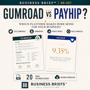 May include: A 20-page PDF business brief titled Gumroad vs Payhip, which platform makes more sense for your business? The document features a comparison of fees, ownership, profit impact, and real examples, including a 9.35% figure for Payhip.