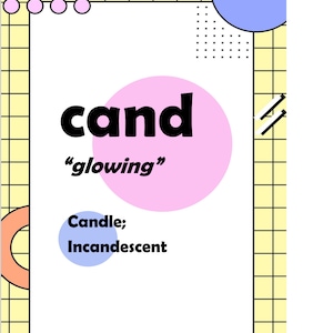 May include: A graphic design with a pink circle and the word "cand" in black bold letters. The text "glowing" is written in black below the word "cand". The text "Candle; Incandescent" is written in black below the word "glowing". The background is a yellow grid with black lines.